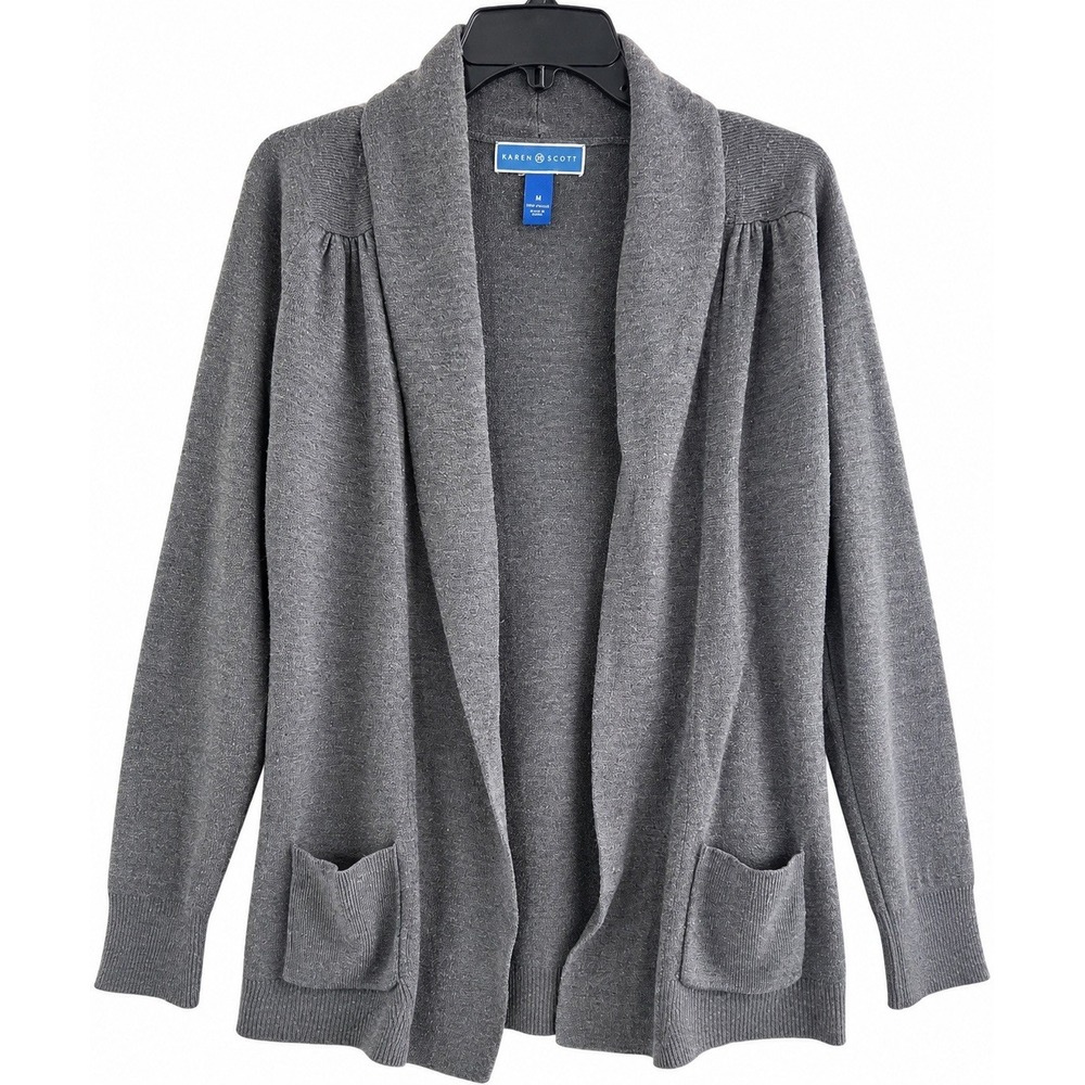 Karen Scott Womens Medium Gray Open Front Cardigan Sweater Long Sleeve Pockets